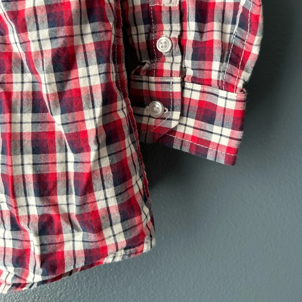 ❤️ CHILDREN’S PLACE Boys Button Down 18-24 months red white and blue plaid euc